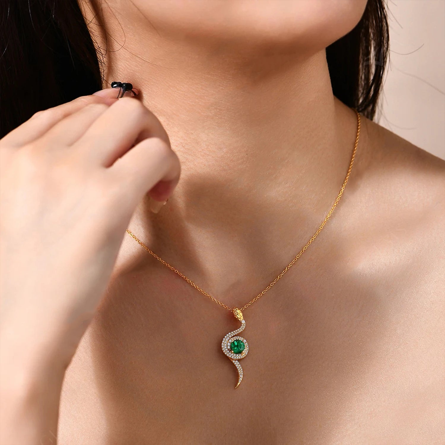 Snake Moissanite & Green Gemstone Pendant Necklace